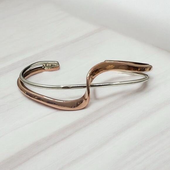 Copper 925 Sterling Silver Wave Cuff Bracelet Adjustable Size Artisan Handmade - Picture 5 of 8